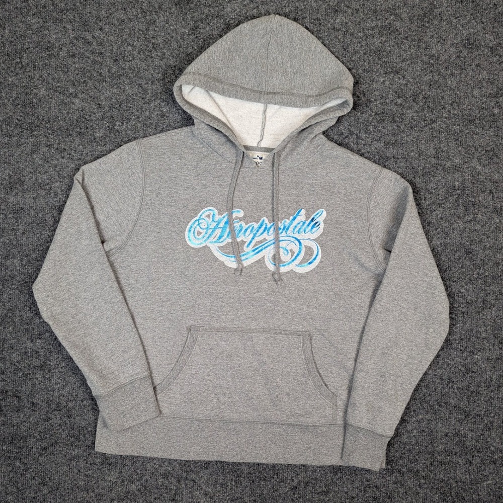 Aeropostale Womens Hoodie Gray Metallic Blue Logo Sweatshirt Size M